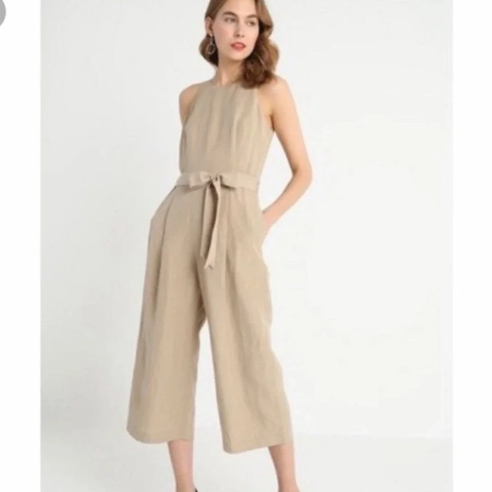 Banana Republic Petite 0 Tan Linen Blend Wide Leg Cropped Jumpsuit Belted